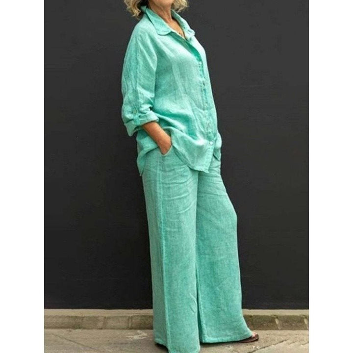 Damen Leichtes Leinen-Loungewear-Set mit Oversized-Hemd und weiter Palazzo-Hose Drune