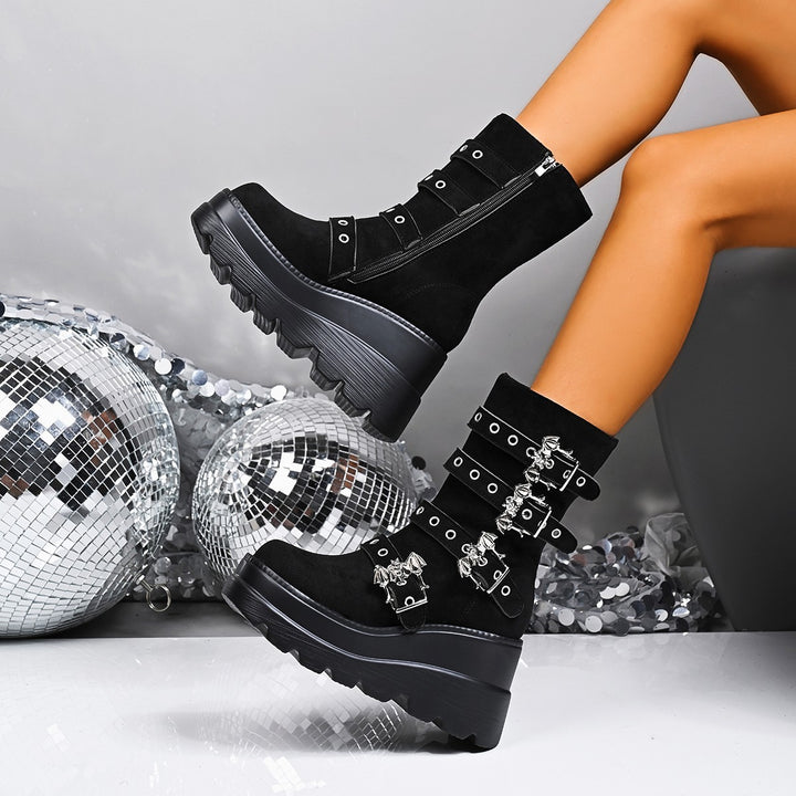 Damen Wedge-Stiefeletten mit modischen Schnallen und rutschfester Sohle Drune