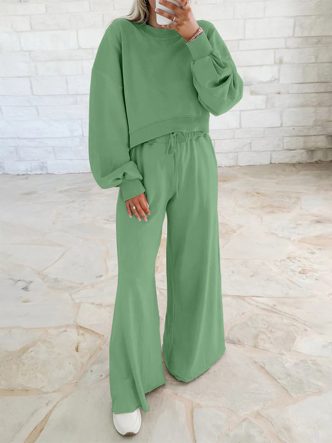 Damen Kurzpullover- und Palazzohose Lounge-Set mit Ballonärmeln Drune