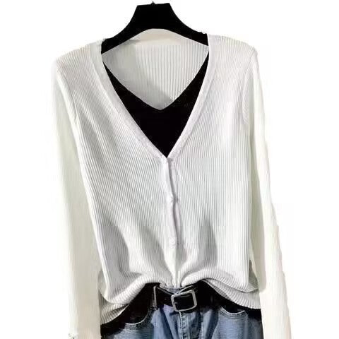 Damen lässige Strickjacke mit tiefem V-Ausschnitt und feiner Struktur Drune