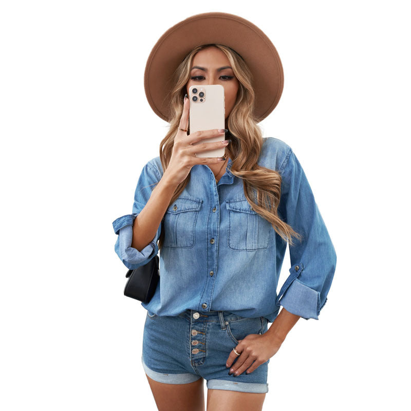 Damen Denim-Hemdbluse mit praktischen Brusttaschen und klassischem Schnitt Drune