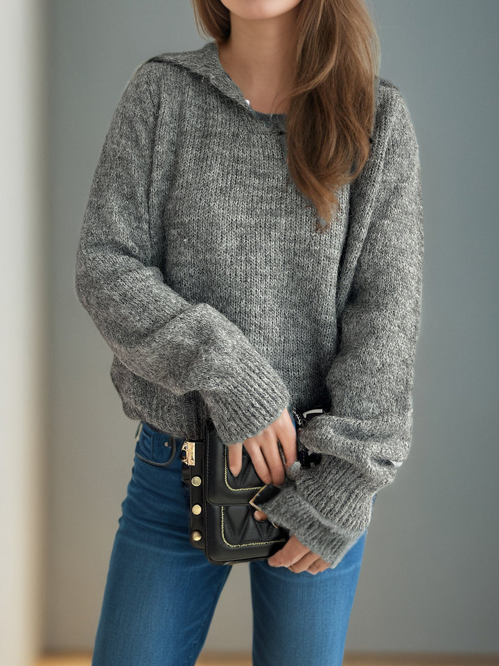 Damen lässiger Strickpullover mit V-Ausschnitt und voluminösen Ärmeln Drune