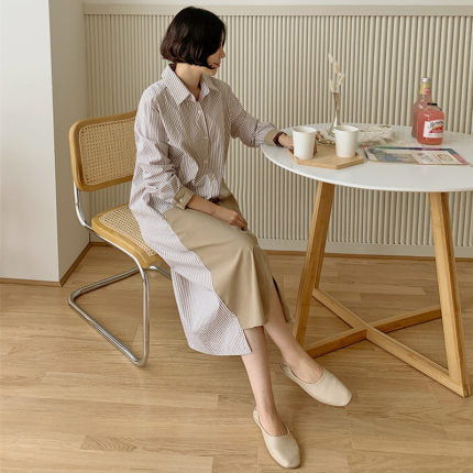 Damen Zweiteilig wirkendes Hemdkleid im Lagenlook mit Streifenpassé, kontrastiertem Rockteil und seitlichem Schlitz Drune