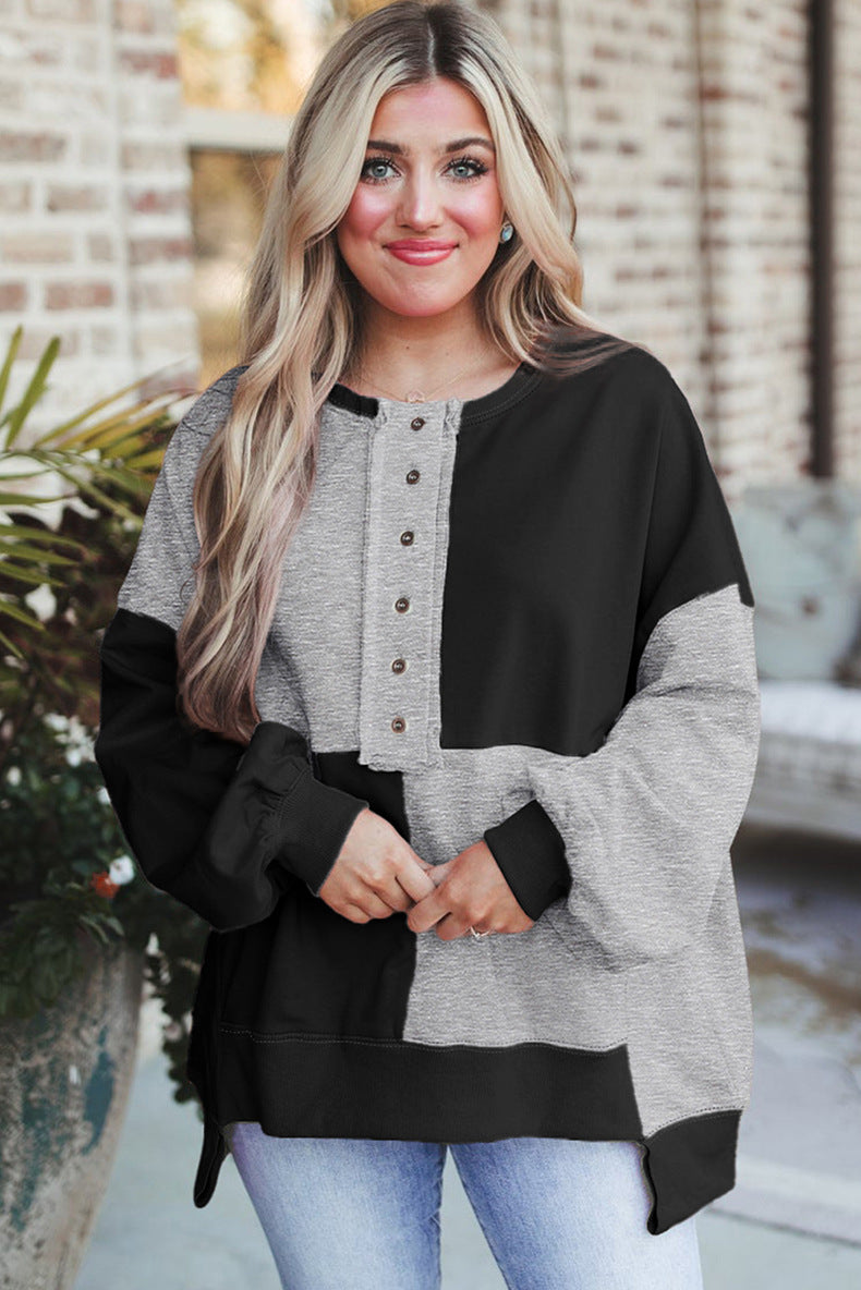 Damen Oversize-Colorblock Sweatshirt mit Henley-Knopfleiste, Ballonärmeln und geripptem Saum Drune