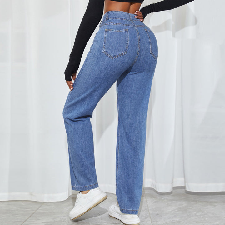 Damen hochtaillierte gerade geschnittene Jeanshose mit V-förmigem Bund und weitem Bein Drune