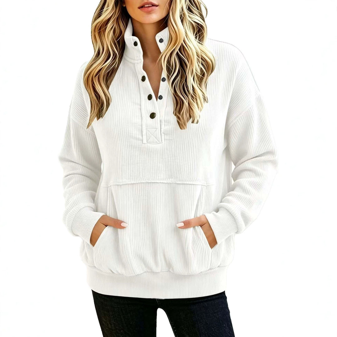 Damen gerippter Henley-Pullover mit Stehkragen und Kängurutasche Drune