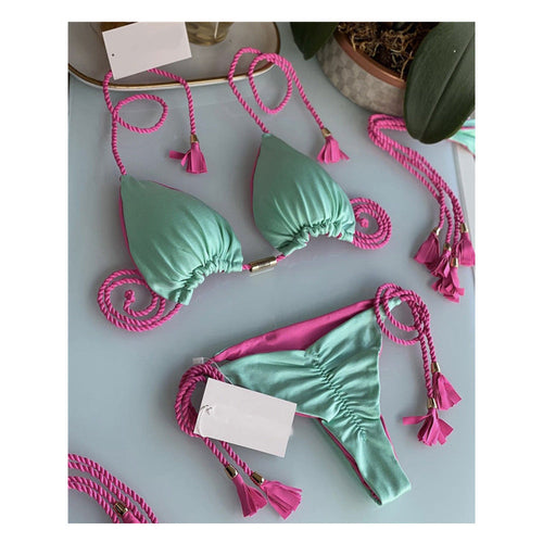 Damen Triangel-Bikini mit modischem Leopardenmuster und dekorativen Quasten Drune