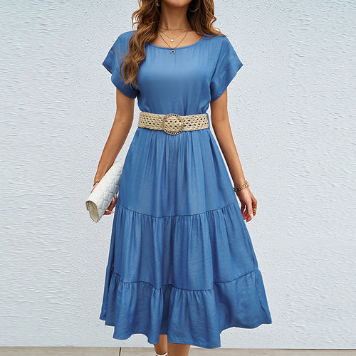 Damen lässiges Midi-Kleid mit elegantem Volant und taillierbarem Gürtel Drune