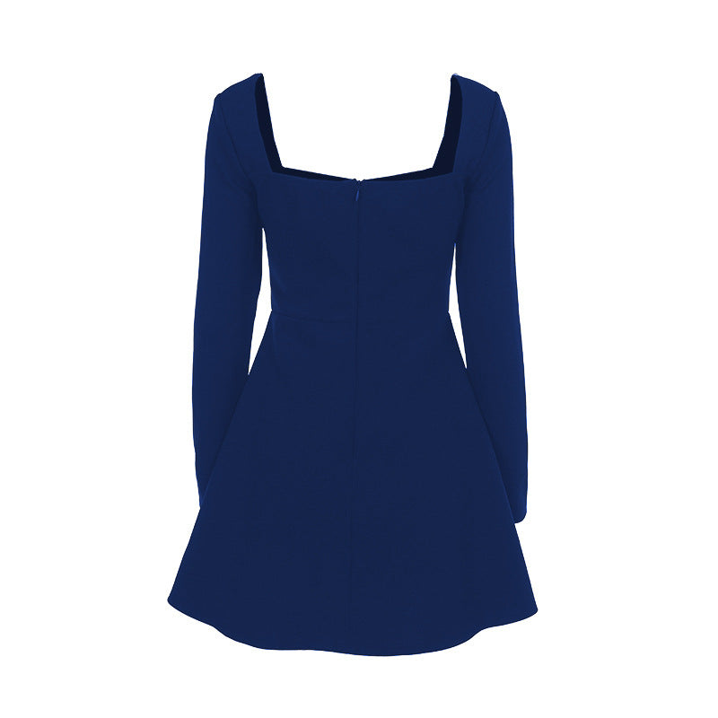 Damen tailliertes Skater-Minikleid mit quadratischem Ausschnitt und langen Ärmeln Drune