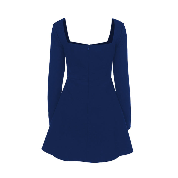 Damen tailliertes Skater-Minikleid mit quadratischem Ausschnitt und langen Ärmeln Drune