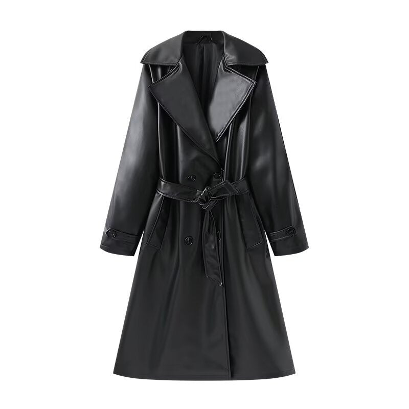 Damen Lange glänzende Trenchcoat-Übergangsjacke aus Lederoptik mit Taillengürtel Drune