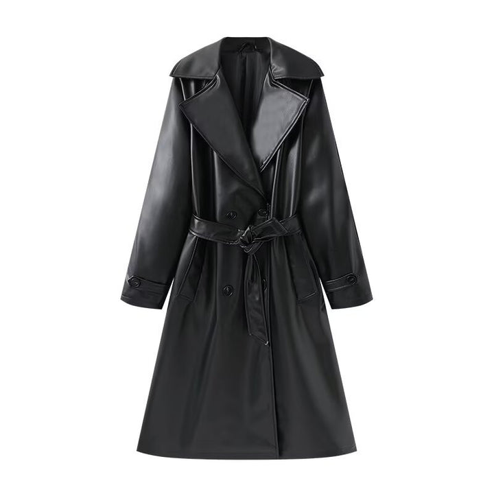 Damen Lange glänzende Trenchcoat-Übergangsjacke aus Lederoptik mit Taillengürtel Drune
