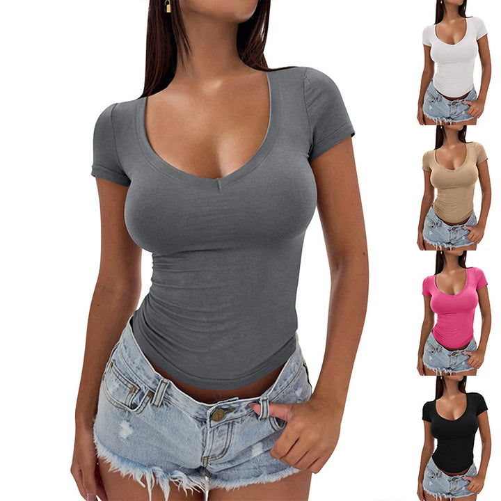 Damen figurbetontes V-Ausschnitt T-Shirt aus weichem Stretchmaterial Drune