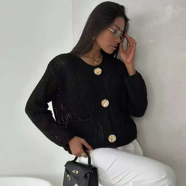 Damen Netzstrickjacke mit praktischen Taschen und dekorativen Knöpfen Drune