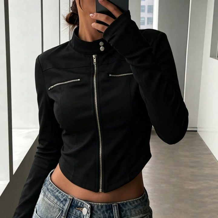 Damen Taillierte Bonded-Canvas-Bikerjacke mit Stehkragen und Brust-Reißverschlüssen Drune
