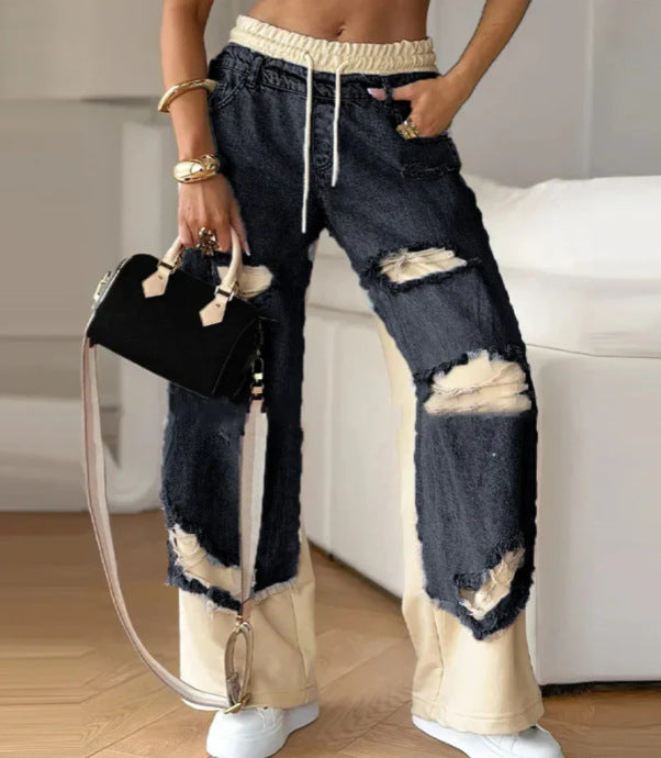 Damen nan weite Patchwork-Jeans mit elastischem Tunnelzugbund, Destroy-Look und kontrastierenden Sweat-Einsätzen Drune