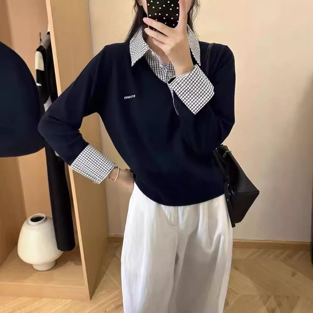 Damen lässiger V-Pullover mit Hemdkragen und ausgefallenem Design Drune