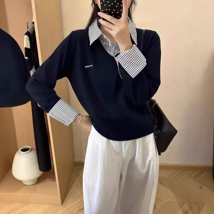 Damen lässiger V-Pullover mit Hemdkragen und ausgefallenem Design Drune