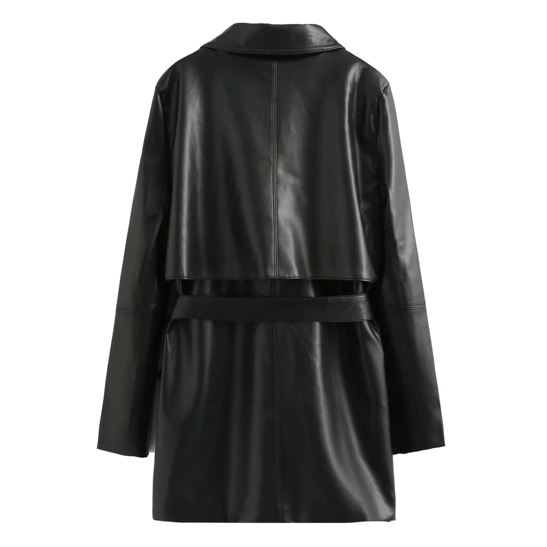 Damen nan veganer Leder-Trenchcoat mit Schalkragen, Bindegürtel und Doppelreiher Drune