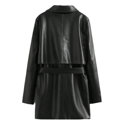 Damen nan veganer Leder-Trenchcoat mit Schalkragen, Bindegürtel und Doppelreiher Drune