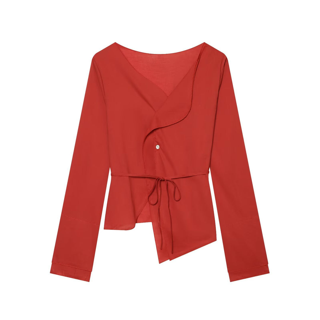 Damen Asymmetrische Wickelbluse mit Volantkante und Taillengürtel Drune