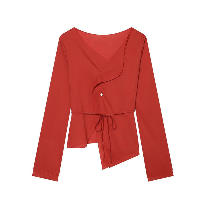 Damen Asymmetrische Wickelbluse mit Volantkante und Taillengürtel Drune