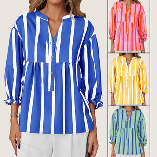 Damen oversize Bluse mit Streifenmuster und Knopfleiste Drune