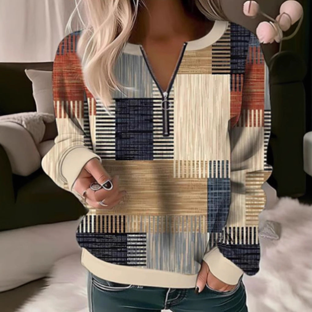 Damen nan gemütlicher Pullover mit kurzem Reißverschluss, grafischem Patchworkmuster, verlängerten Ärmelbündchen und geripptem Saum Drune