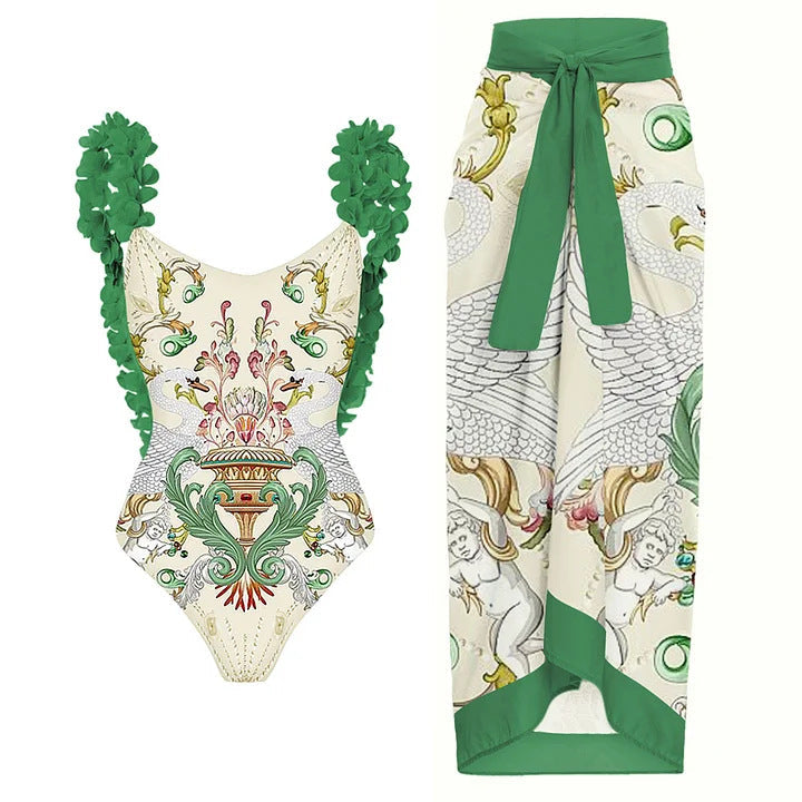 Damen Badeanzug-Set mit floraler Rüschendekoration und elegantem Maxirock Drune