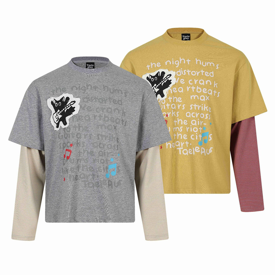Unisex Lagenlook-Longsleeve-T-Shirt mit aufgesetztem Kurzarm-Layer und Grafikprint Drune