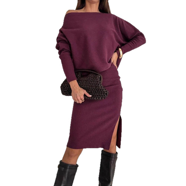 Damen Zweisitiges geripptes Strick-Set mit Off-Shoulder-Oversize-Pullover und tailliertem Midirock mit Seitenschlitz Drune