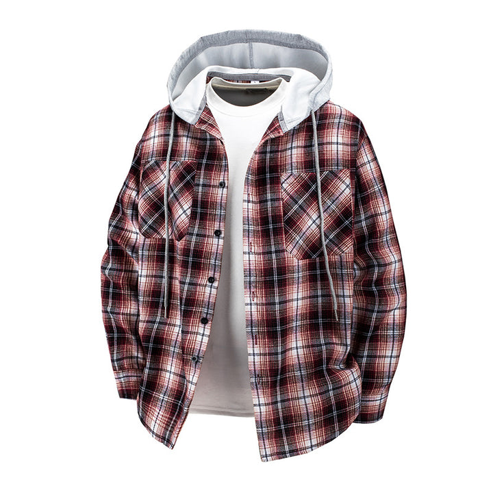 Herren -Layered-Flanell-Overshirt mit angenähter Kapuze und Brusttaschen Drune
