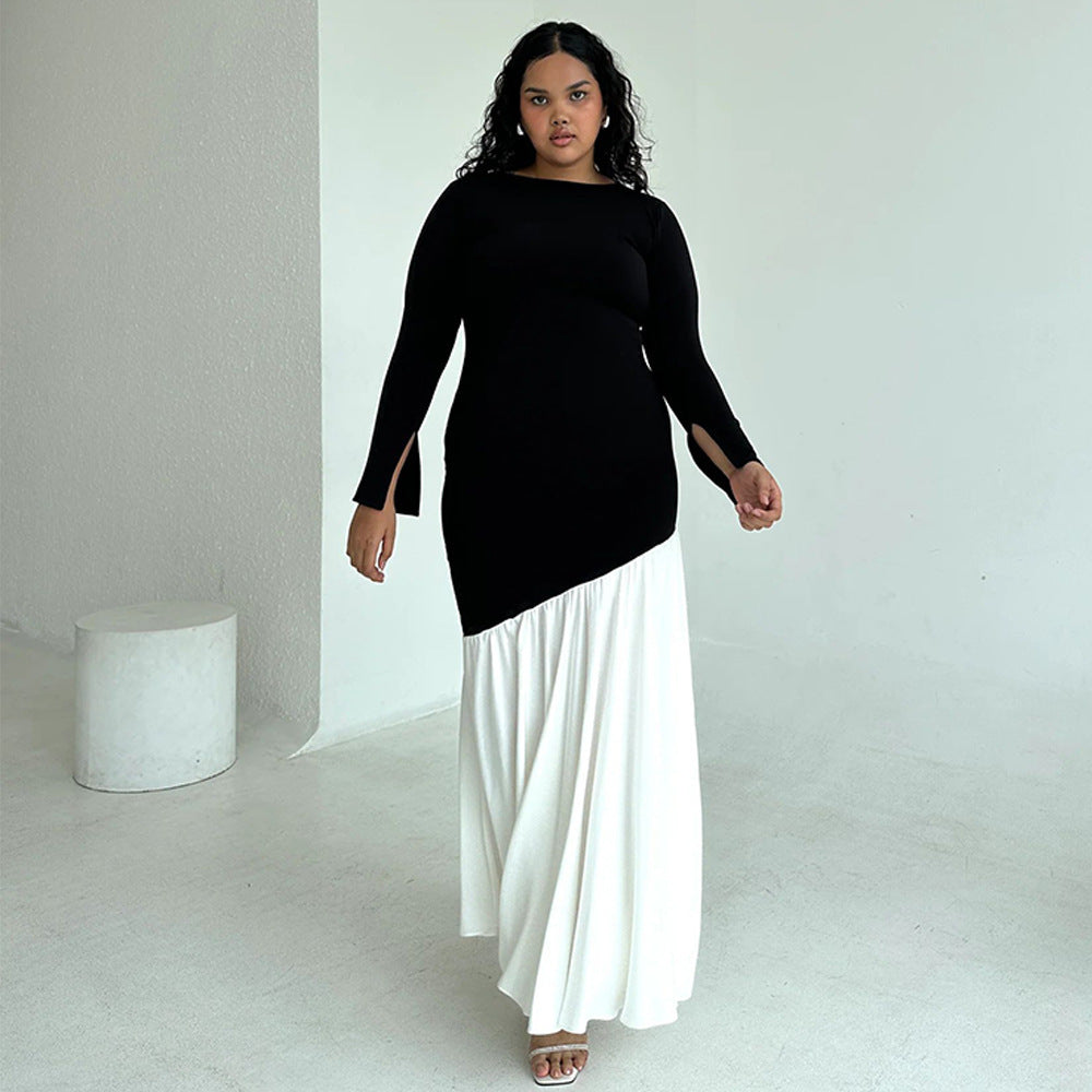 Damen elegantes, asymmetrisches Maxikleid mit langen Ärmeln und farblichen Kontrasten Drune