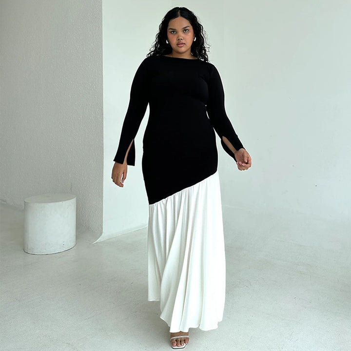 Damen elegantes, asymmetrisches Maxikleid mit langen Ärmeln und farblichen Kontrasten Drune