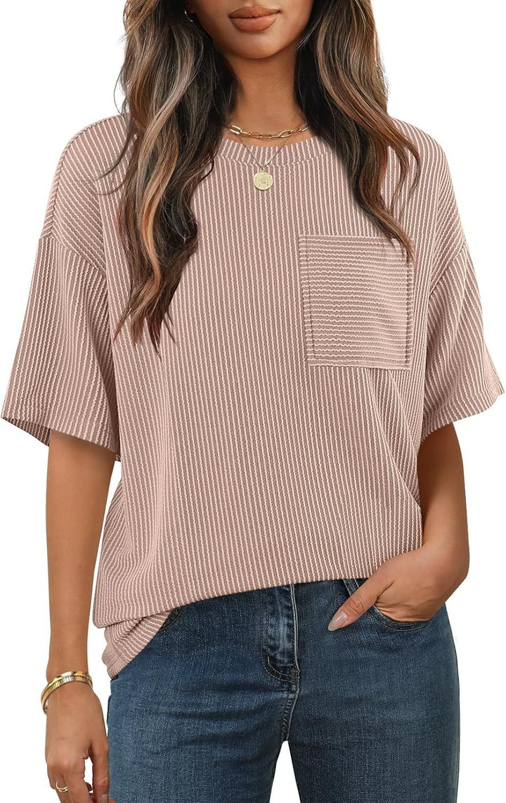 Damen lässiges gestreiftes T-Shirt mit Brusttasche Drune