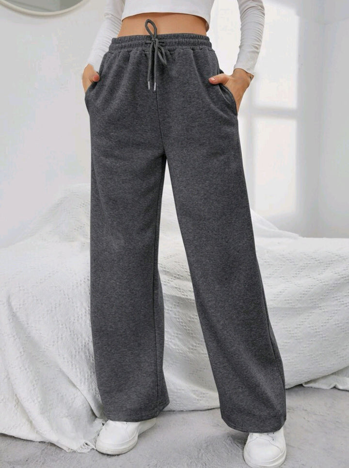 Damen nan High‑Waist Wide‑Leg Jogginghose mit elastischem Komfortbund, Kordelzug und tiefen Eingrifftaschen Drune