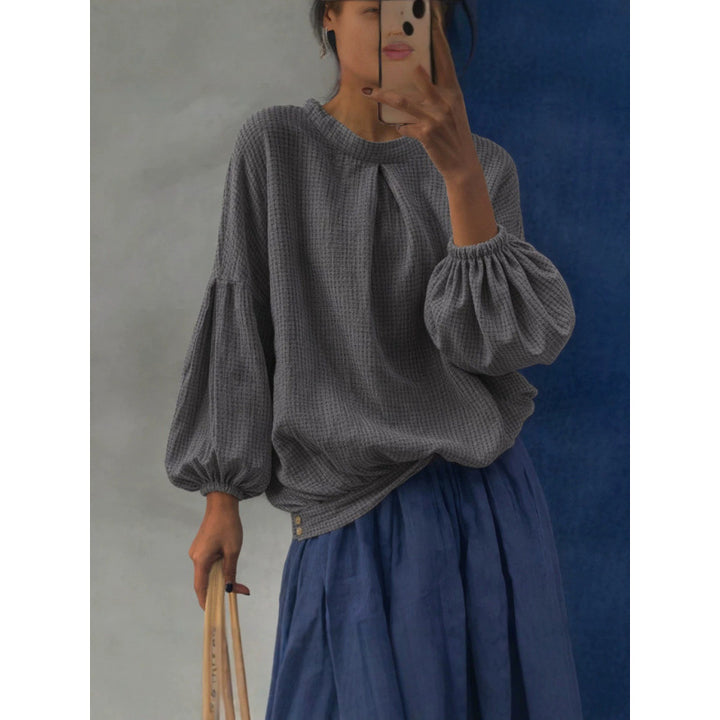 Damen Oversize Waffelstrickpullover mit Ballonärmeln und Kellerfalte Drune