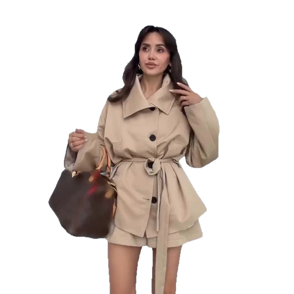 Damen Taillierte Kurzjacke mit Bindegürtel und überschnittenen Ärmeln Drune