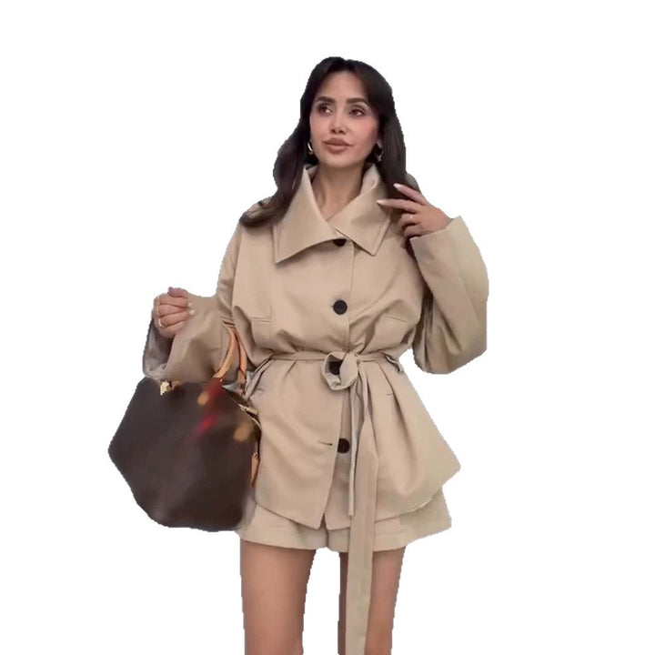 Damen Taillierte Kurzjacke mit Bindegürtel und überschnittenen Ärmeln Drune