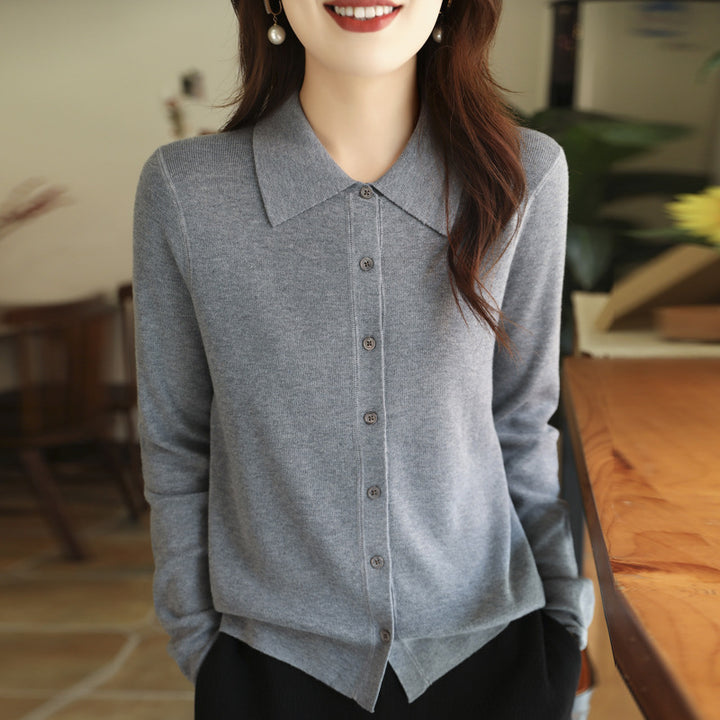 Damen Leichter Feinstrick-Cardigan mit Polokragen und durchgehender Knopfleiste Drune