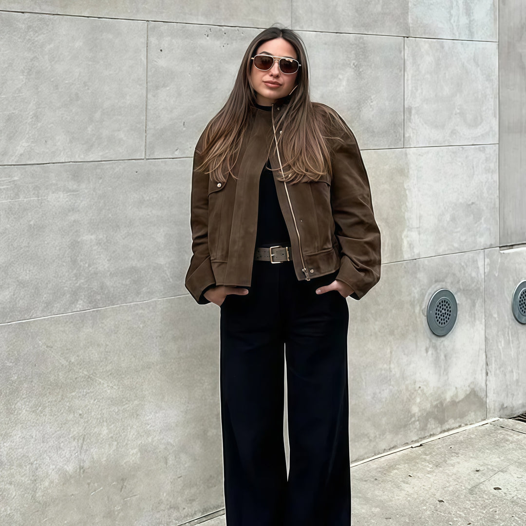 Damen Elegante Kunstlederjacke mit modernem Stehkragen Drune