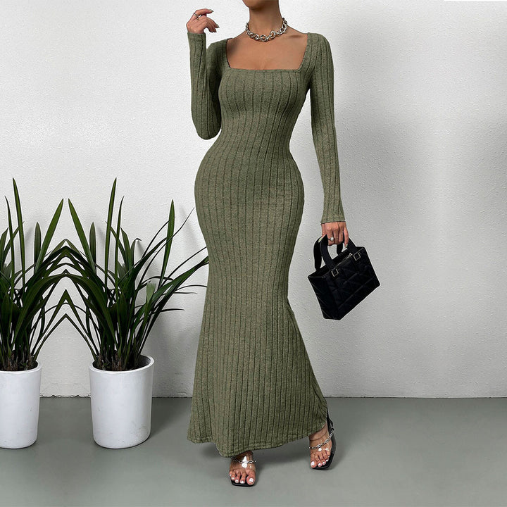Damen geripptes Sculpting-Maxikleid mit Quadratausschnitt und taillierter Meerjungfrauen‑Silhouette Drune