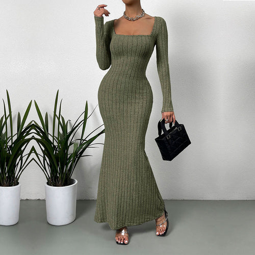 Damen geripptes Sculpting-Maxikleid mit Quadratausschnitt und taillierter Meerjungfrauen‑Silhouette Drune