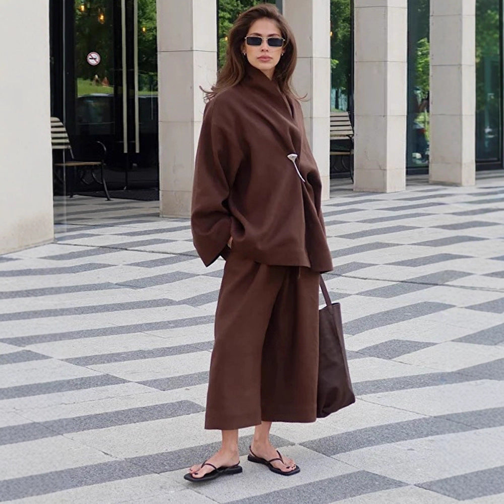 Damen Oversized Wickelblazer mit Sicherheitsnadel & weiter Anzughose Drune