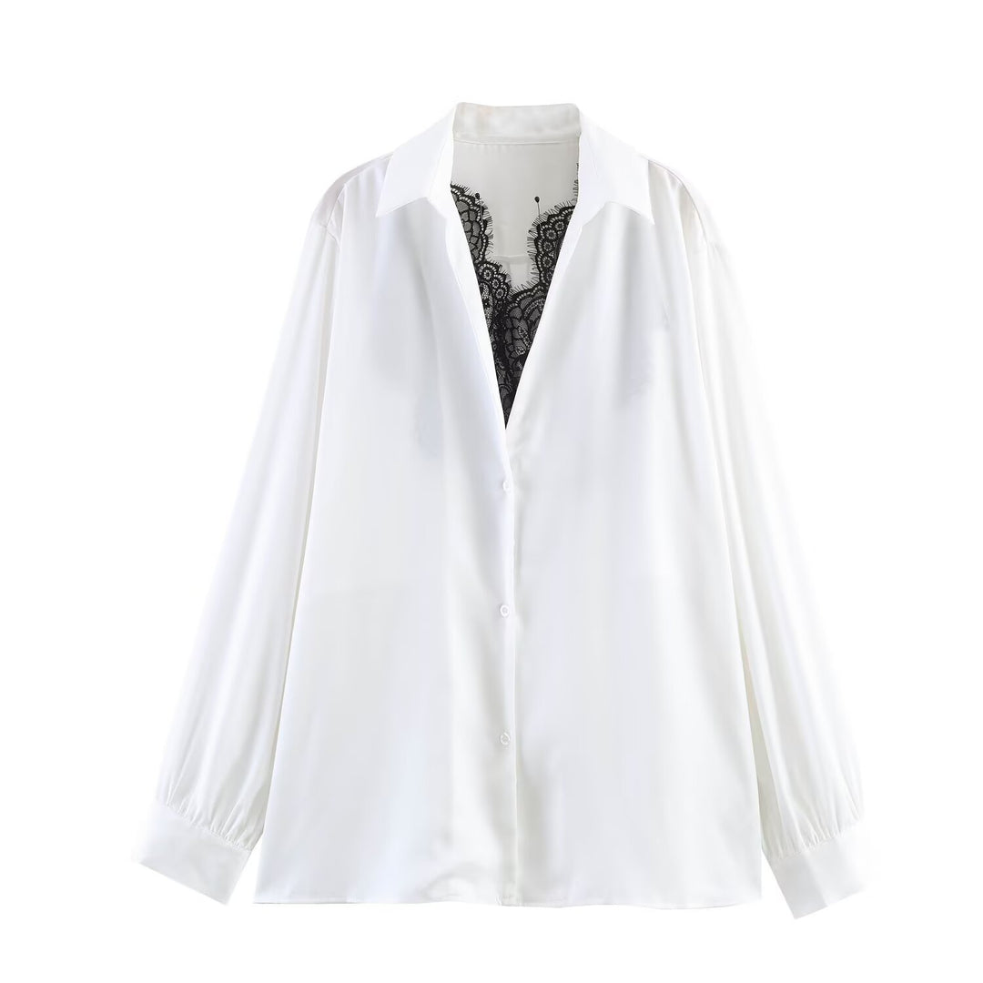 Damen Seidige Oversize-Bluse mit Spitzeneinsatz und Hemdkragen Drune
