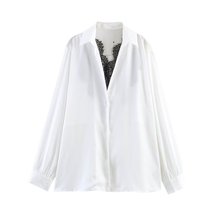 Damen Seidige Oversize-Bluse mit Spitzeneinsatz und Hemdkragen Drune