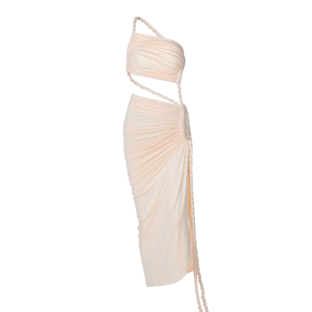 Damen Elegantes, einseitiges Maxikleid mit raffinierten Drapierungen Drune