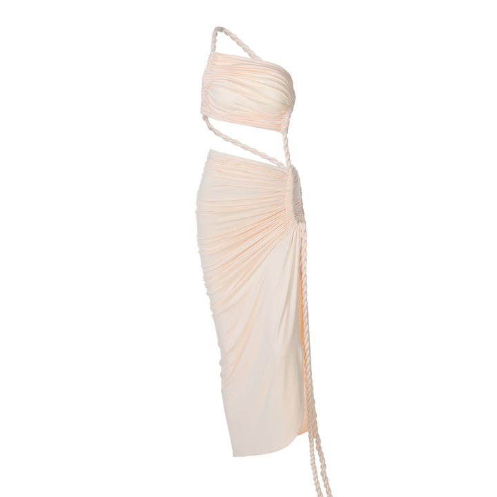 Damen Elegantes, einseitiges Maxikleid mit raffinierten Drapierungen Drune