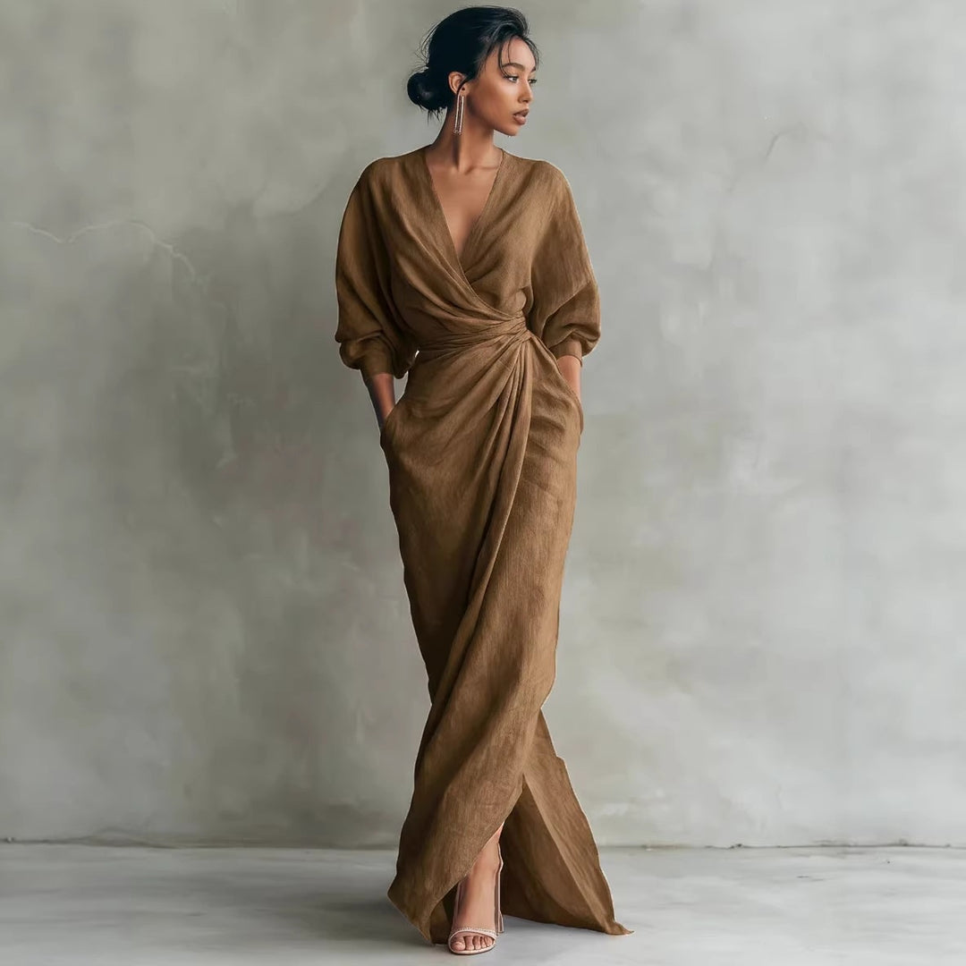 Damen Wickel-Maxikleid aus Leinenmix mit tiefem V-Ausschnitt und Ballonärmeln Drune