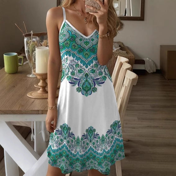 Damen Spaghetti-Träger Kleid mit stilvollem Paisleymuster und A-Linien Schnitt Drune